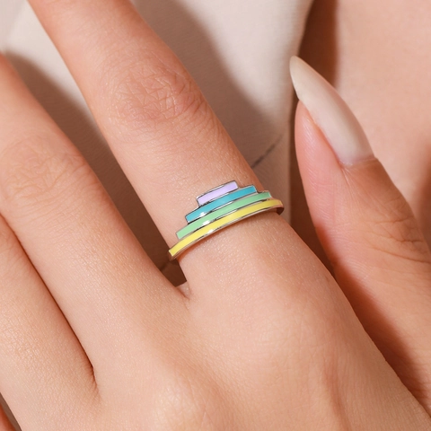 S925 Sterling Zilveren Regenboog Emaille Ring Voor Vrouwen Minimalistisch Geometrisch Veelkleurig Stapelbaar Mode Sieraden