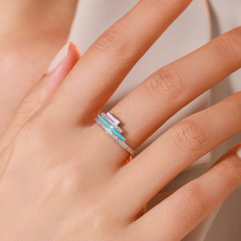 Anello in Argento Sterling 925 con Smalto Dopamina e Zirconia per Donna Geometrico a Gradini Anello da Dito Gioielli Moderni Minimalisti