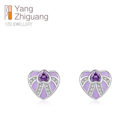 925 Sterling Silver Purple Enamel Heart Stud Earrings For Women Pave Rhinestone Small Elegant Jewelry Gift
