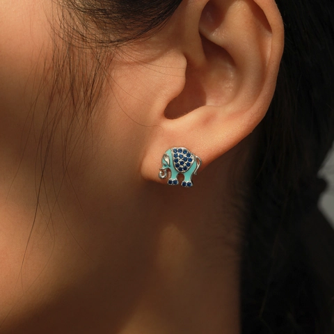 Pendientes de Botón de Elefante de Plata de Ley 925 Para Mujer Animal Lindo Esmalte Azul Circonia Incrustada Joyería Regalo