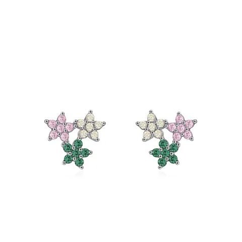 925 Sterling Silver Zirconia Flower Stud Earrings For Women Colorful Three Flower Cluster Delicate Fashion Commuter Jewelry Gift