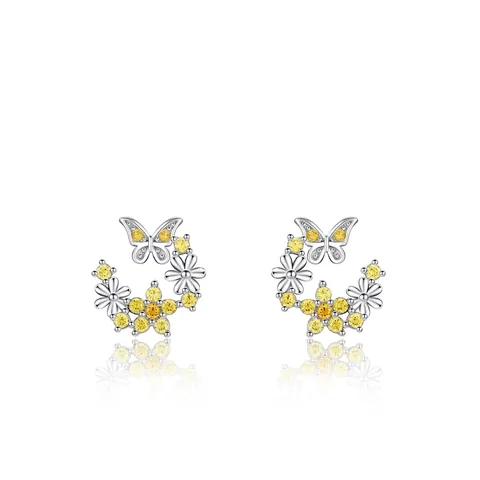 S925 Sterling Zilver Vlinder Bloem Oorknopjes Gele Zirconia Micro Ingelegd Kleine Verse Zoete Oorbellen Sieraden Voor Vrouwen
