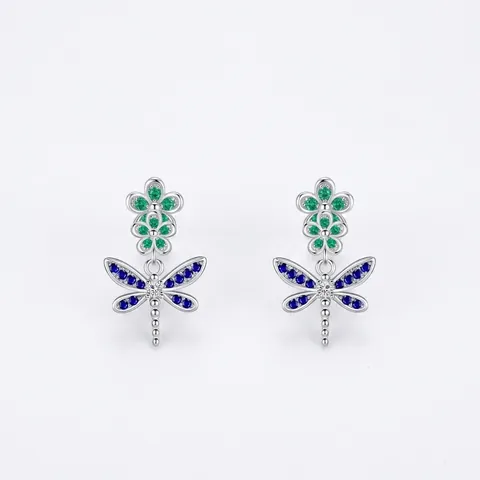 S925 Sterling Silver Dragonfly Flower Stud Earrings Micropave Zirconia Elegant Insect Jewelry For Women Small Aesthetic Earring Gift