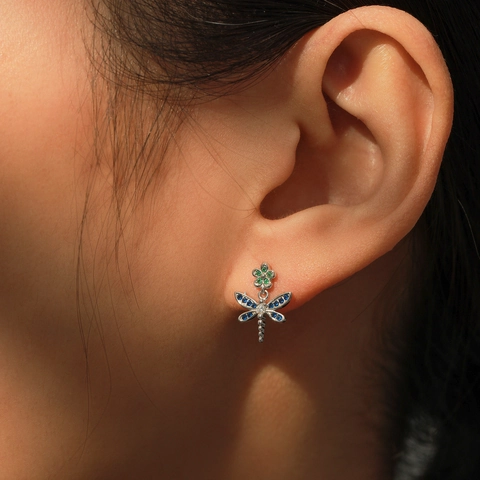 S925 Sterling Silver Dragonfly Flower Stud Earrings Micropave Zirconia Elegant Insect Jewelry For Women Small Aesthetic Earring Gift