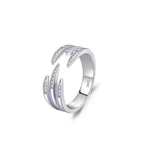 Anillo Abierto Ajustable de Plata de Ley 925 Esmalte Púrpura para Mujer Forma de Garra Incrustada de Circonia Joyería