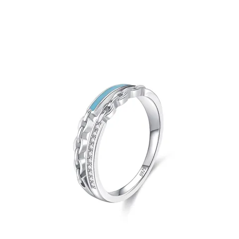 925 Sterling Silver Double Layer Chain Ring With Light Blue Enamel Rhinestone Inlaid Fashion Jewelry For Women