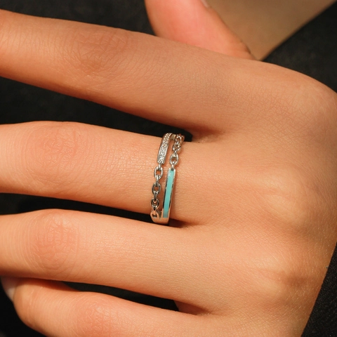925 Sterling Silver Double Layer Chain Ring With Light Blue Enamel Rhinestone Inlaid Fashion Jewelry For Women