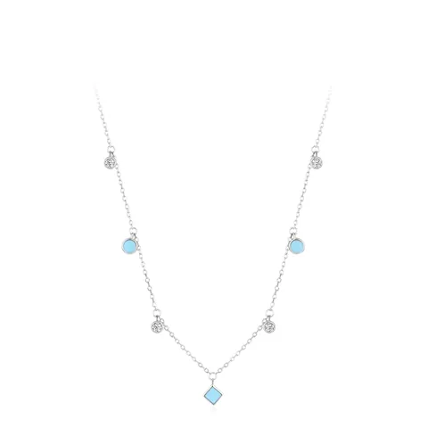 925 Sterling Silver Bohemian Necklace For Women Geometric Light Blue Enamel Pendant Zirconia Choker Chain Necklace Fashion Jewelry