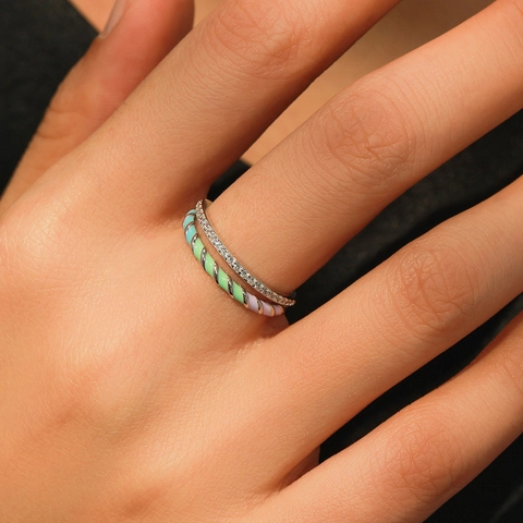 925 Sterlingsilber Doppelreihig Stapelbarer Ring Mit Bunter Emaille Mikro-Pave Strass Geometrische Ringe Für Damen Schmuck