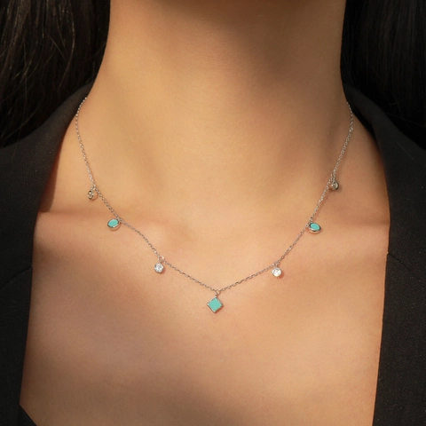 925 Sterling Silver Bohemian Necklace For Women Geometric Light Blue Enamel Pendant Zirconia Choker Chain Necklace Fashion Jewelry