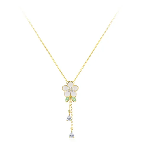 Collana con Ciondolo a Orchidea in Argento Sterling 925 da Donna Placcato Oro Smalto Bianco Zirconia Nappa Gioielli