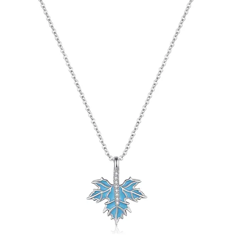 Collana con Ciondolo a Foglia di Acero in Smalto Blu Argento Sterling 925 per Donna Zirconia Intarsiata Design di Lusso