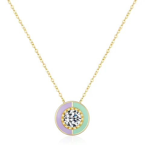 925 Sterlingsilber Zirkonia Emaille Rund Anhänger Halskette Für Damen Vergoldet Lila Grün Geometrischer Halsschmuck