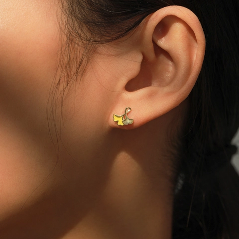 S925 Sterling Zilver Ginkgoblad Oorknopjes 14K Verguld Emaille Waaiervorm Oorbellen Voor Dames Fijne Sieraden Cadeau
