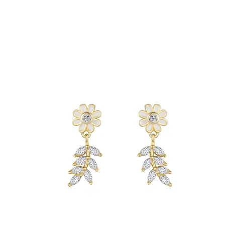 925 Sterling Silver Daisy Flower Drop Earrings For Women Elegant Enamel White Petal Leaf Inlaid Zirconia Dangle Earrings Jewelry