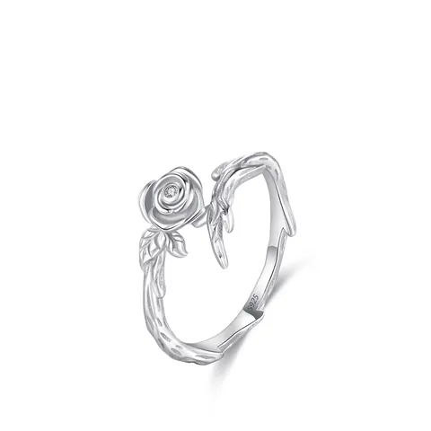 Anello in Argento Sterling 925 con Rosa e Zirconia per Donna Design di Nicchia Minimalista Texture Ramo di Pianta Gioielli Regalo