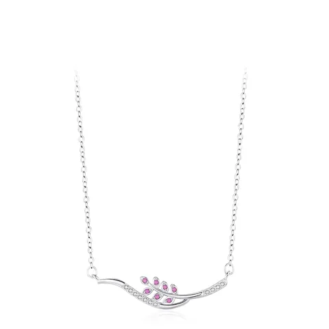 925 Sterling Silver Wheat Leaf Pendant Necklace For Women Fashion Pink Rhinestone Inlaid Clavicle Chain Jewelry Gift