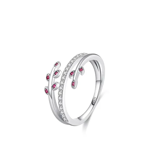 925 Sterling Silver Zirconia Leaf Open Ring Adjustable Branch Pink Stone Fashion Light Luxury Ring For Women Jewelry