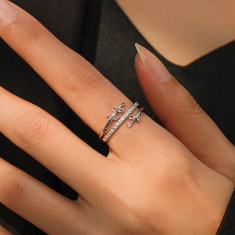 925 Sterling Silver Zirconia Leaf Open Ring Adjustable Branch Pink Stone Fashion Light Luxury Ring For Women Jewelry
