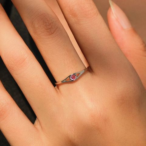 925 Sterling Silver Rose Red Zirconia Ring For Women Minimalist Vintage Round Gemstone Stackable Finger Ring Jewelry