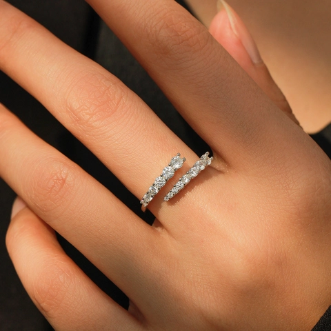 Anello Aperto in Argento Sterling 925 a Doppia Fila di Zirconia Moda Regolabile Spirale Avvolgente per Donna Regalo Gioielli