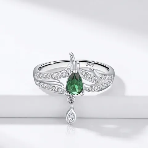 Vintage 925 Sterling Silver Green Zirconia Crown Ring For Women Pear Cut Gemstone Mermaid Tear Droplet Pendant Ring Jewelry