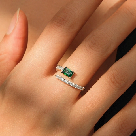 925 Sterlingsilber Verstellbarer Smaragdgrüner Zirkonia Quadratischer Ring Für Damen Vintage Geometrischer Eingelegter Finger Schmuck
