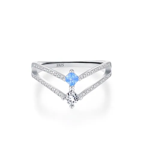 925 Sterling Silver Double Layer V Shape Ring For Women Sea Blue Zirconia Inlaid Elegant Glacier Water Drop Finger Ring