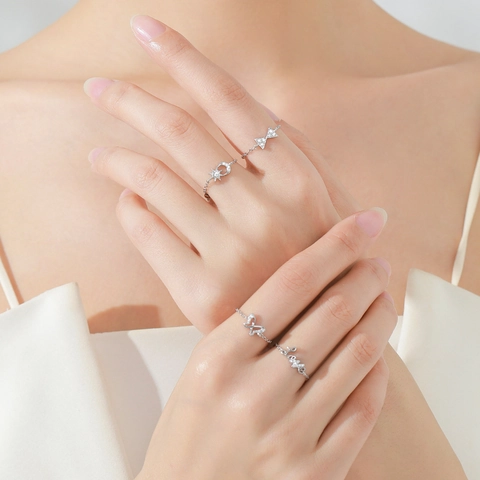 Elegant 925 Sterling Silver Bow Adjustable Chain Ring For Women Fashion Zirconia Inlaid Stackable Finger Ring Jewelry