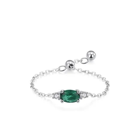 Vintage 925 Sterling Silver Green Oval Zirconia Chain Ring Adjustable Soft Chain Ring For Women Elegant Niche Design Jewelry