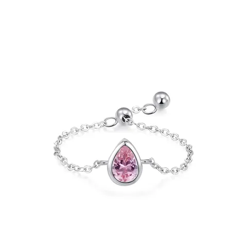 925 Sterling Silver Pink Water Drop Zirconia Adjustable Chain Ring For Women Romantic Stackable Finger Ring Fashion Jewelry