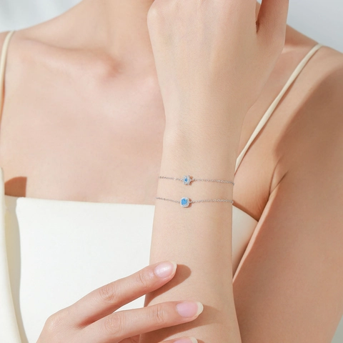 Braccialetto in Argento Sterling 925 con Fiore Blu Mare per Donna Minimalista Intarsiato con Zirconia Catena Regolabile