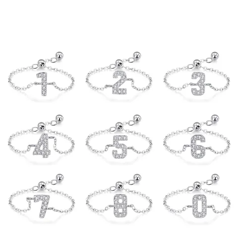 925 Sterling Silver Zirconia Arabic Numerals Chain Adjustable Ring For Women Minimalist Personalized Number Jewelry Gift