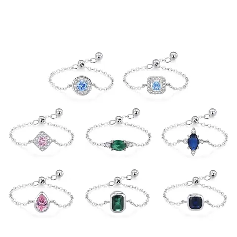 925 Sterling Silver Adjustable Chain Ring For Women With Colorful Zirconia Inlaid Geometric Fashion Commuter Jewelry Gift