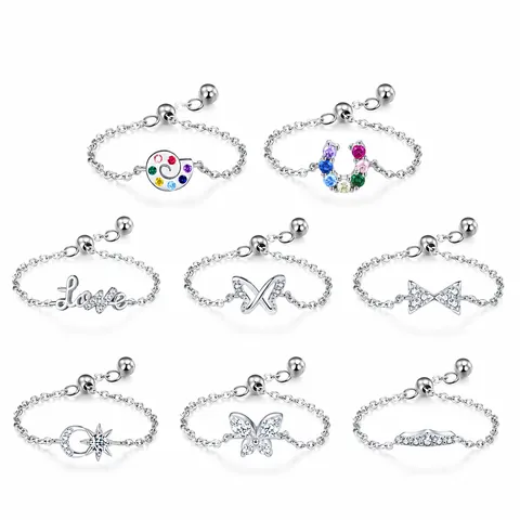 Anillo de Cadena Ajustable de Plata de Ley 925 Para Mujer Lindo Lazo Mariposa Estrella Luna Love Circonia Anillo Deslizante