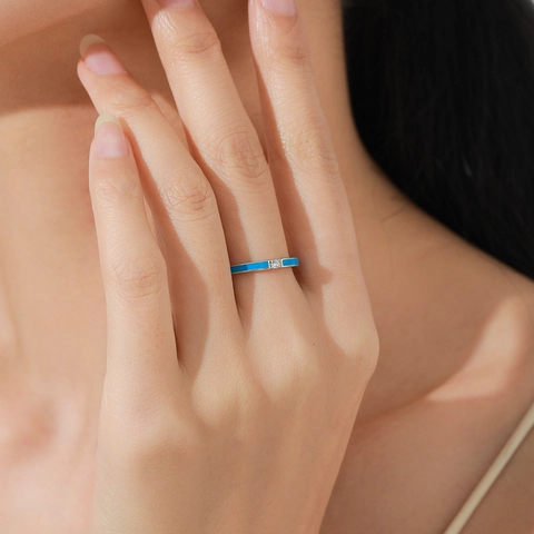 Minimalistisch 925 Sterlingsilber Blau Emaille Ring Für Damen Zirkonia Eingelegt Geometrisch Stapelbar Mode Schmuck Fingerring
