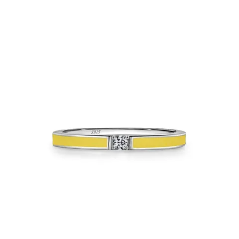 S925 Sterling Silver Yellow Enamel Ring For Women Minimalist Drip Oil Single Rhinestone Stackable Band Jewelry Gift