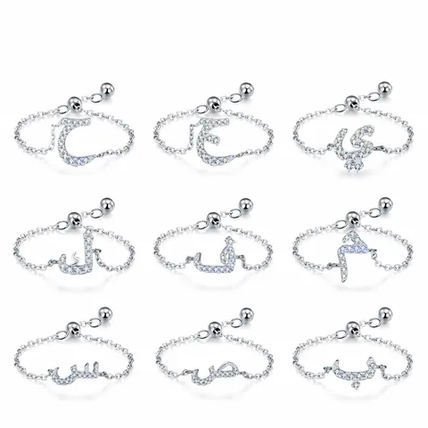 Anello a Catena Regolabile con Lettera Araba in Argento Sterling 925 per Donna Gioiello Minimalista con Zirconia Intarsiata