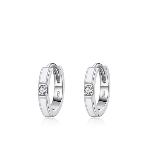 Pendientes de Aro Huggie de Plata de Ley S925 Minimalistas para Mujer Esmalte Blanco Diamante de Imitación Único Círculo Geométrico