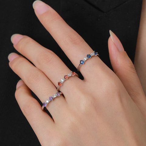 Anillo de Plata de Ley S925 con Circonia Púrpura Incrustada Minimalista Geométrico Amatista Gema de Color Anillo para Mujer Joyería