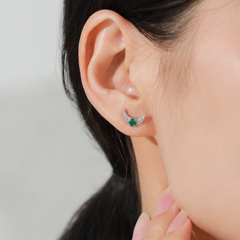 925 Sterling Zilveren Maan Oorknopjes Voor Vrouwen Met Groene Zirconia Ingelegd Vintage Eenvoudige Ster Maan Sieraden Cadeau