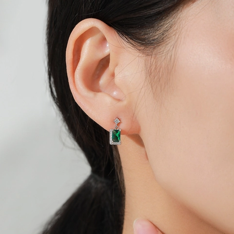 925 Sterlingsilber Vintage Grüne Zirkonia Ohrstecker Smaragdschliff Rechteck Geometrischer Leichter Luxus Eleganter Schmuck Für Damen