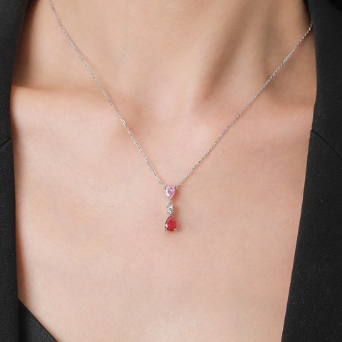 Collana con Ciondolo in Zirconia a Goccia Rosa Rossa in Argento Sterling 925 per Donna Gioielli Moda Dolce Catena Clavicola Regalo