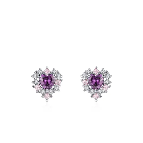S925 Sterling Silver Purple Heart Zirconia Stud Earrings For Women Sweet Romantic Inlaid Heart Shape Fine Jewelry Gift