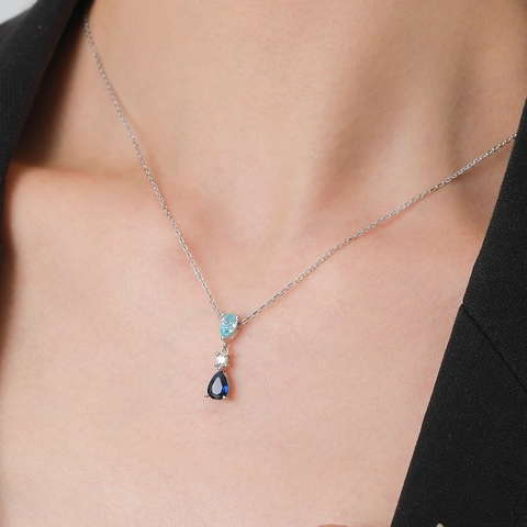 925 Sterling Silver Blue Waterdrop Pendant Necklace For Women Elegant Vintage Mermaid Tears Zirconia Clavicle Chain Jewelry Gift