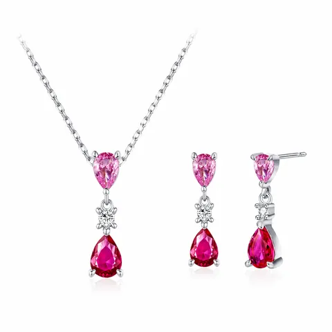 925 Sterling Zilver Roze Rood Zirconia Waterdruppel Sieradenset Voor Dames Zoete Peer Slijpvorm Steen Ketting Oorbellen Mode Sieraden