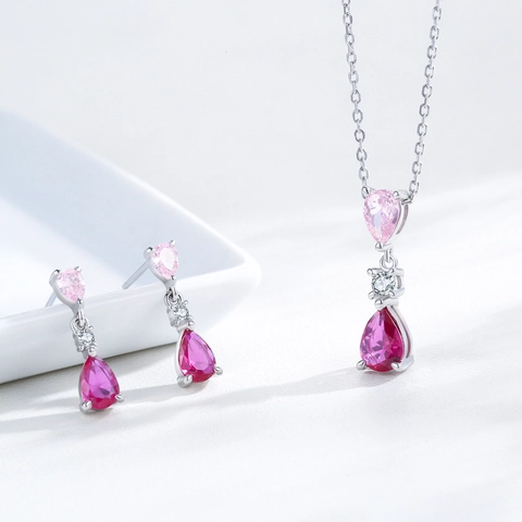 925 Sterling Zilver Roze Rood Zirconia Waterdruppel Sieradenset Voor Dames Zoete Peer Slijpvorm Steen Ketting Oorbellen Mode Sieraden