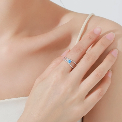 925 Sterling Silver Double Layer Geometric Ring For Women Sky Blue Zirconia Inlaid Minimalist Jewelry Elegant Hand Accessory