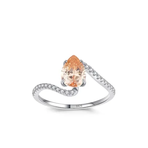 Lussuoso Anello in Argento Sterling 925 con Zirconia Taglio a Pera Champagne Elegante Fascia a Linea Ondulata S925 Argento Goccia d'Acqua Intarsiato Strass Anelli per Donna Gioielli di Moda