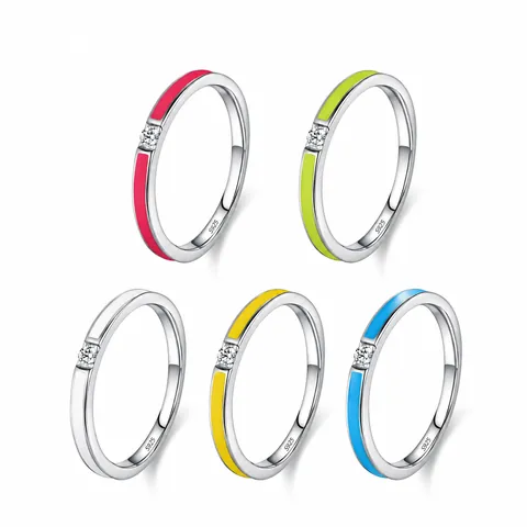 Anello in Argento Sterling S925 per Donna Minimalista Sottile Smaltato Colorato Con Intarsio in Zirconia Tonda Gioielli